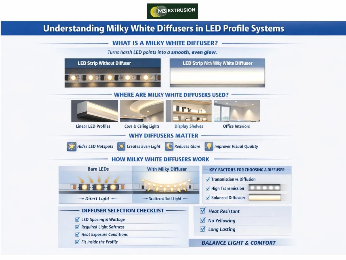 Milky White Diffusers in LED Profile Systems